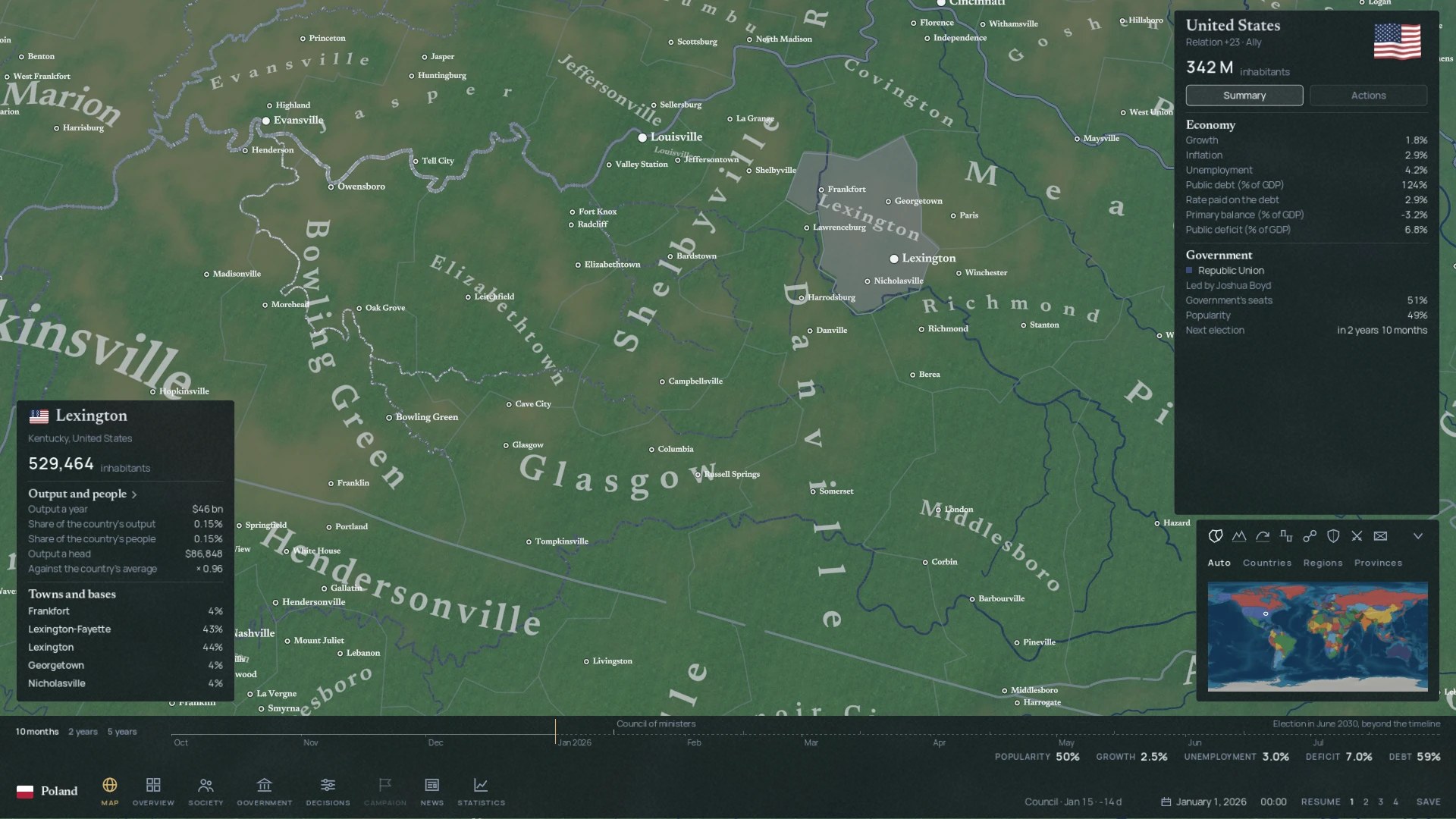 La carte du Kentucky, avec la fiche d'une province.